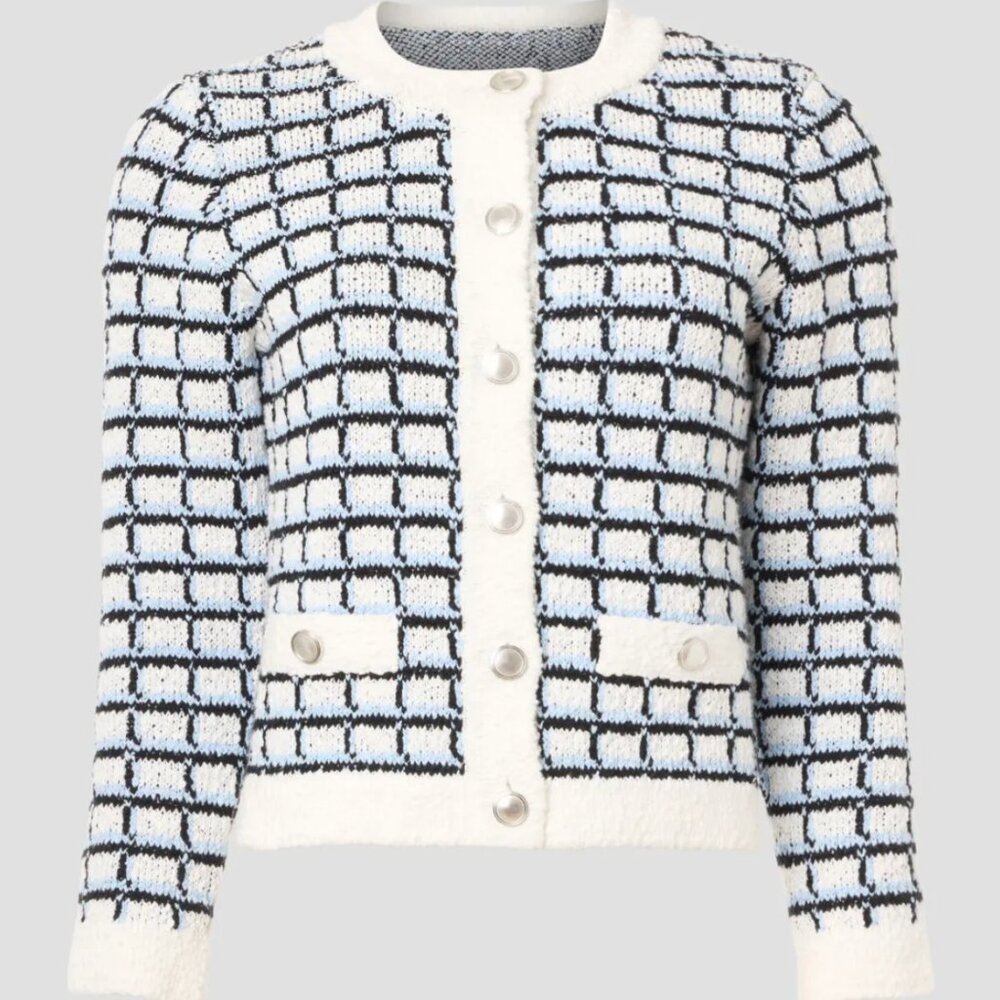 Veronica Beard Lavigne Check Knit Sweater Jacket in Blue & White Tweed Cardigan - Picture 5 of 9
